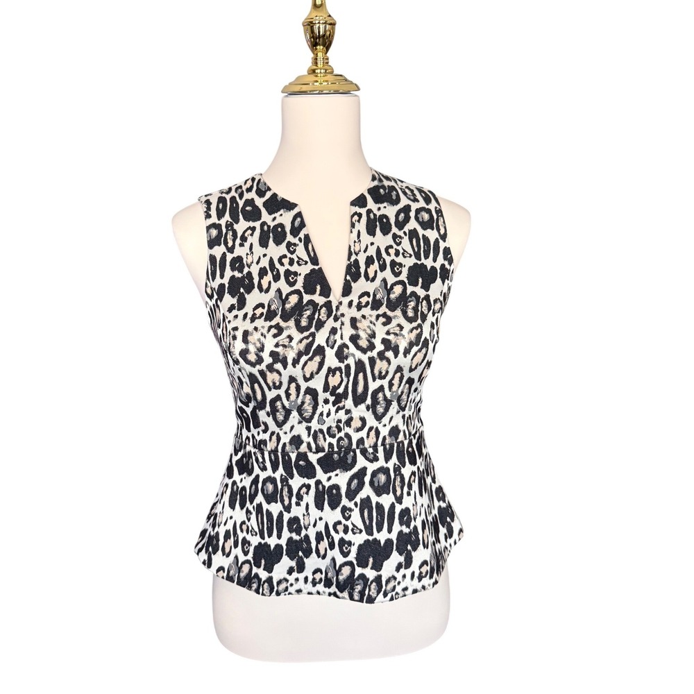 Ann‎ Taylor Petite Leopard Print Peplum Top Metallic Silver Sleeveless 00P